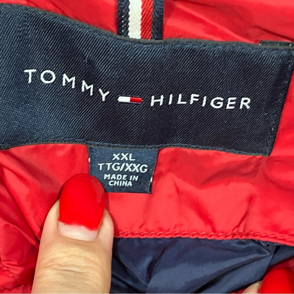 90s TOMMY HILFIGER JACKET Primaloft Red Blue WHITE Quilted Hooded Puffer coat 2X - Picture 16 of 16